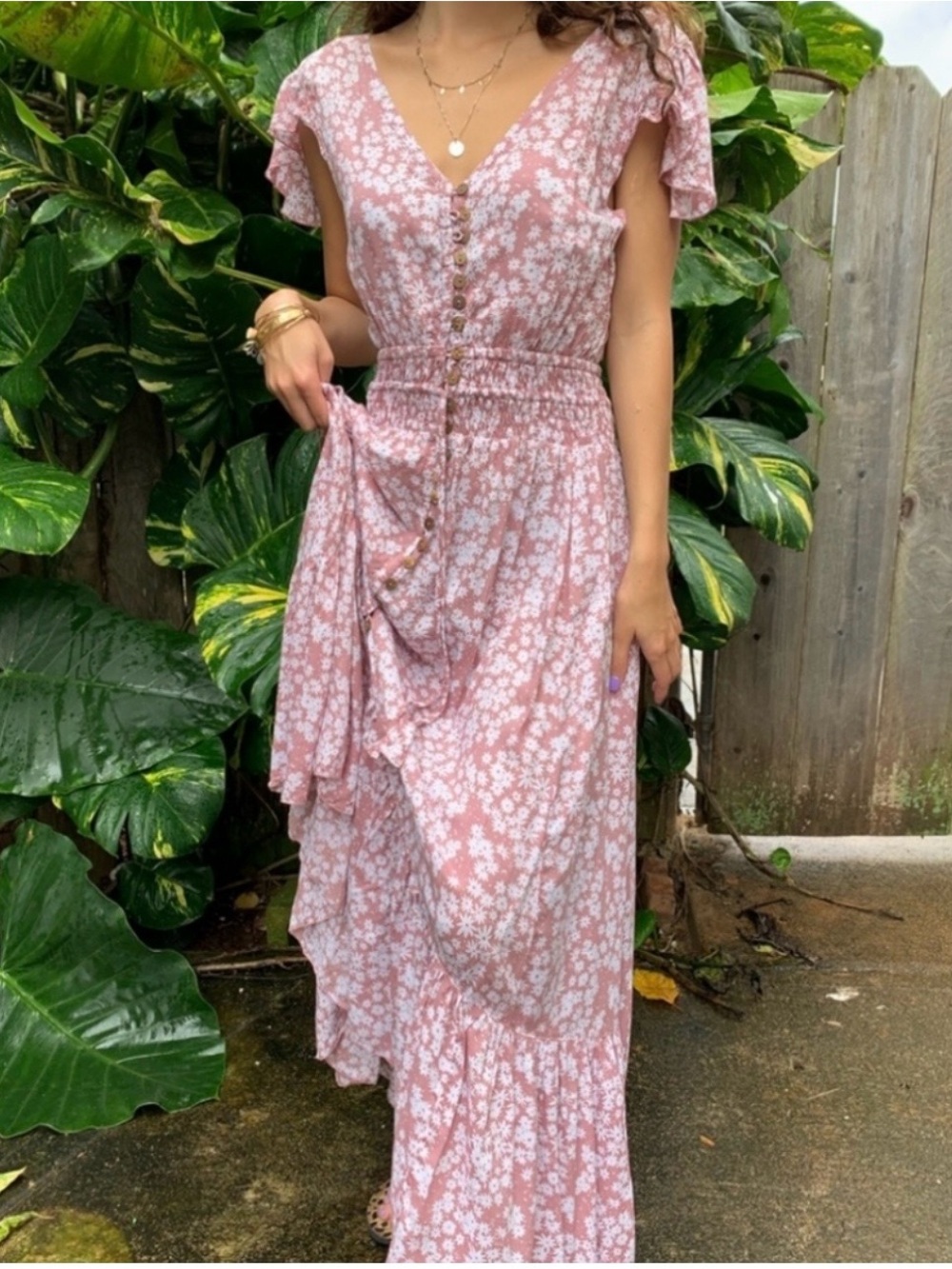 Tiare Hawaii Pink Floral V-Neck Button-Front Maxi Dress